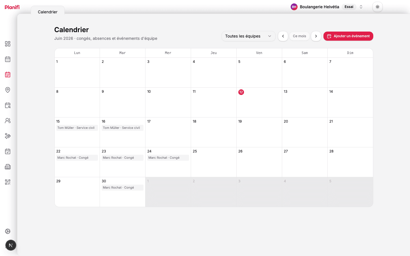 Le calendrier d'équipe de Planifi : congés, absences et événements